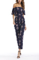 Navy Blue Slim Printed Clack Ruffle Off Shoulders Jumpsuit for Casual Party Office Evening