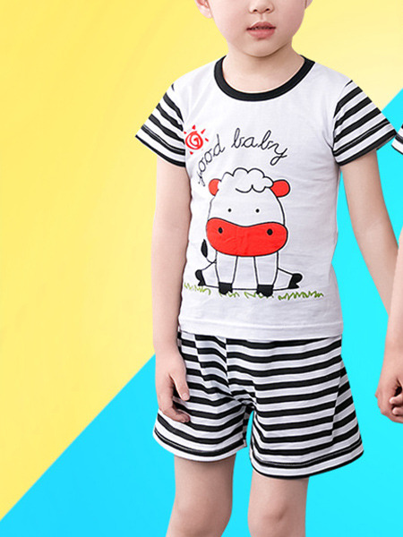 Black and White Red Knitted Two-Piece Contrast Stripe Round Neck Pattern Boy Jumpsuit for Casual