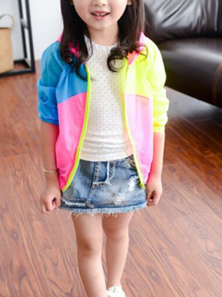 Pink Yellow and Blue Plus Size Contrast Linking Hooded Zipper Pockets Long Sleeve Girl Jacket for Casual