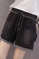 Black Denim Linking Contrast Band Holes Hemming One Quarter Shorts for Casual