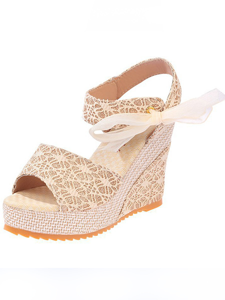 Beige Lace Open Toe Platform Ankle Strap Wedges