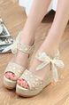 Beige Lace Open Toe Platform Ankle Strap Wedges