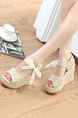 Beige Lace Open Toe Platform Ankle Strap Wedges