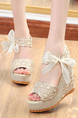 Beige Lace Open Toe Platform Ankle Strap Wedges