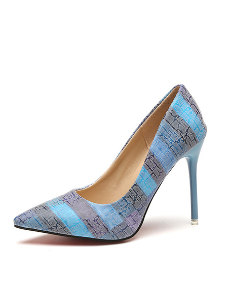 Blue Colorful Leather Pointed Toe Platform Stiletto Heels