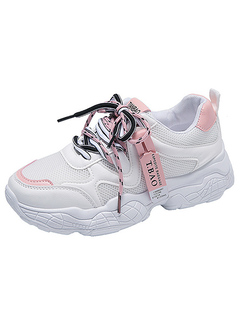 White and Pink Mesh Round Toe Platform Lace Up Rubber Shoes