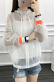 White Hooded Linking Contrast Ribbed Adjustable Waist See-Through Bat Zipped Long Sleeve Top for Casual