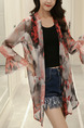 Red White and Black Chiffon Plus Size Printed Flare Sleeve See-Through Long Sleeve Coat for Casual