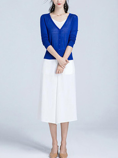 Royal Blue Slim Single-Breasted Knitting Long Sleeve Coat for Casual Office