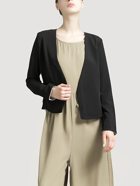 Black V Neck Suit Pocket Cardigan Zipped Chiffon Linking Long Sleeves Top for Casual Party Evening Office