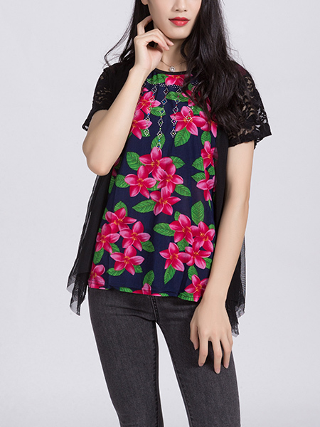 Black Colorful Blouse Lace Floral Top for Casual Party Office