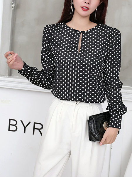 Black and White Blouse Polkadot Plus Size Long Sleeve Top for Casual Party Office Evening