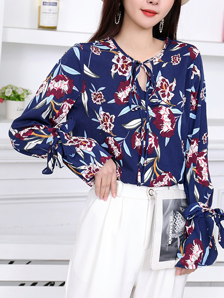 Blue Colorful Long Sleeve Blouse  Top for Casual Party Office Evening