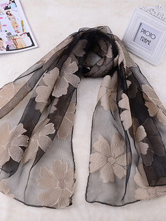 Black and Beige Women Cut Flowers See-Through Polyester Scarves