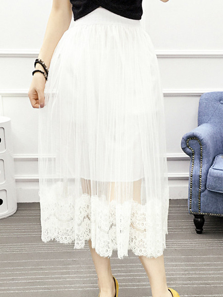 White Loose A-Line Linking Lace See-Through Adjustable Waist High Waist Skirt for Casual Party