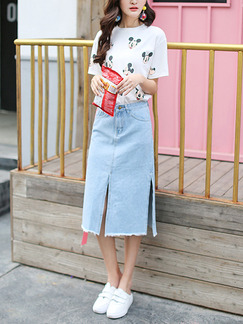 Blue Denim High Waist Furcal Side Ribbon Pockets Skirt for Casual