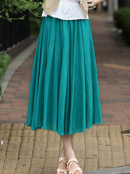 Blue Green Loose Pleated A-Line Full Skirt Adjustable Waist Skirt for Casual Party