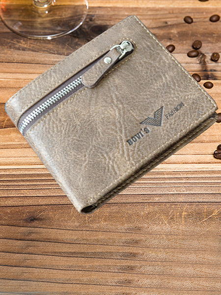 Coffee Leather Two-Folds Magnetic Button Zipper Short Men Wallet
