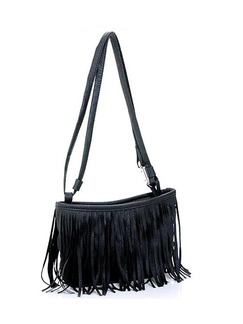 Black Leather Tassel Shoulder Crossbody Bag