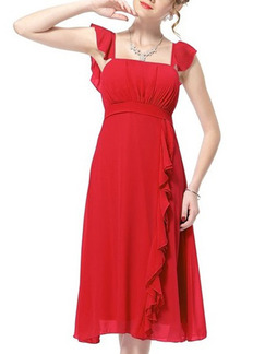 Red Chiffon Below Knee Long Dress for Cocktail Prom