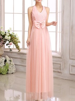 Pink Cute Maxi V Neck Lace Dress for Bridesmaid Prom