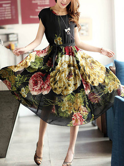 Black Colorful Midi Plus Size Floral Dress for Casual Party