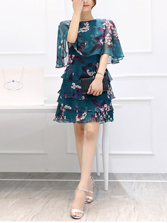 Blue Green Shift Above Knee Plus Size Floral Dress for Casual Evening Party