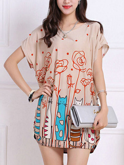 Beige Colorful Shift Above Knee Dress for Casual Party