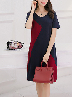 Blue and Red Shift Knee Length Plus Size V Neck Dress for Casual Office Evening Party