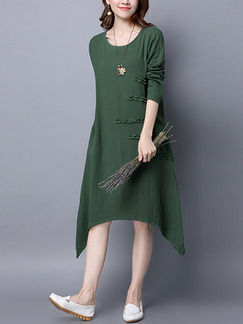 Green Shift Knee Length Plus Size Long Sleeve Dress for Casual Office Evening