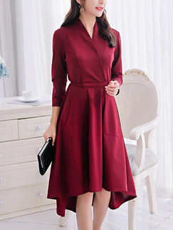 Red Fit & Flare Knee Length Plus Size V Neck Dress for Casual Office Evening