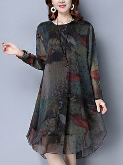 Green Colorful Shift Knee Length Plus Size Long Sleeve Dress for Casual Party