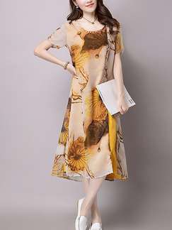 Brown Yellow Shift Knee Length Plus Size Dress for Casual Party