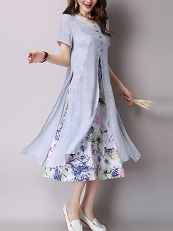 Blue Colorful Midi Floral Plus Size Dress for Casual Party