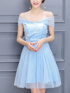 Blue Off Shoulder Fit & Flare Above Knee Dress for Bridesmaid Prom