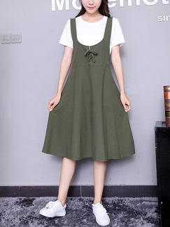 Green and White Two Piece Shift Knee Length Dress for Casual