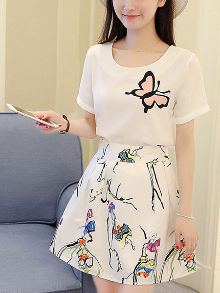 White Colorful Two Piece Above Knee Plus Size Dress for Casual Party