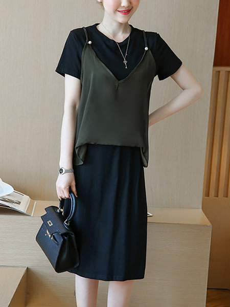 Black and Green Shift Knee Length Plus Size Dress for Casual Office Evening