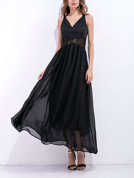 Black Maxi Plus Size V Neck Slip Dress for Cocktail Ball Prom