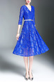 Blue Midi Slim V Neck Full Skirt Lace Plus Size Dress for Party Evening