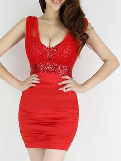 Red Above Knee V Neck Bodycon Dress for Party Evening Cocktail