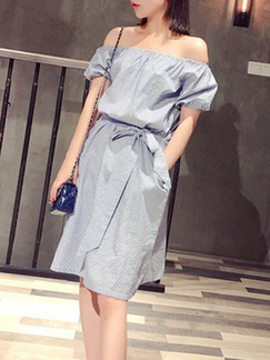 Blue Knee Length Off Shoulder Shift Dress for Casual Party