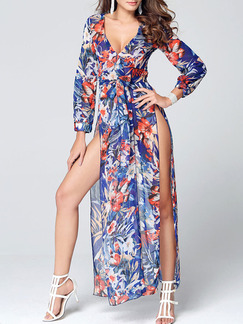Blue Colorful Maxi V Neck Plus Size Long Sleeve Dress for Party Beach Evening Cocktail