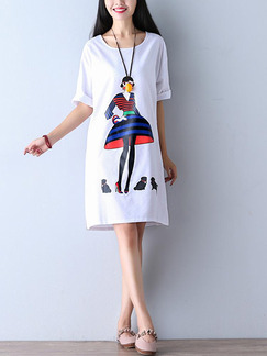 White Blue Colorful Above Knee Shift Plus Size Dress for Casual Party