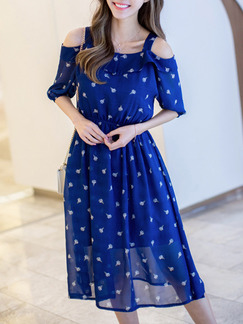 Blue White Knee Length Fit & Flare Dress for Casual Party