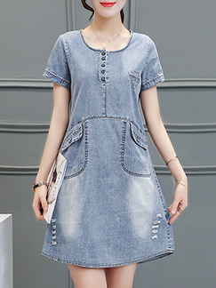 Blue White Above Knee Shift Denim Plus Size Dress for Casual Party