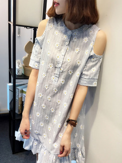 Blue White Above Knee Shift Floral Dress for Casual