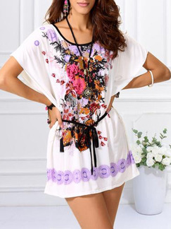 White Black Colorful Above Knee Floral Shift Dress for Casual Beach