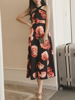 Red Black Midi Halter Floral Dress for Casual Party Evening