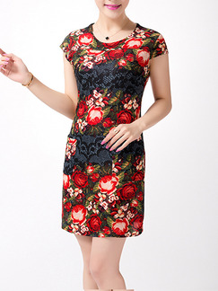 Black Red Colorful Above Knee Sheath Plus Size Floral Dress for Casual Party